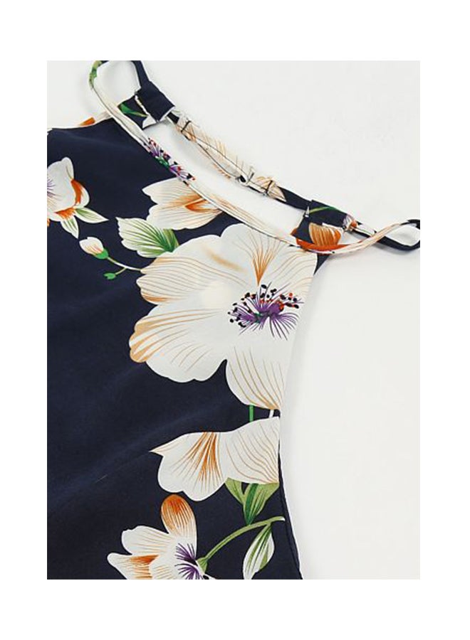 Floral Print Sleeveless Summer Beach Holiday Long Slip Dress Dark Blue  - Image 5