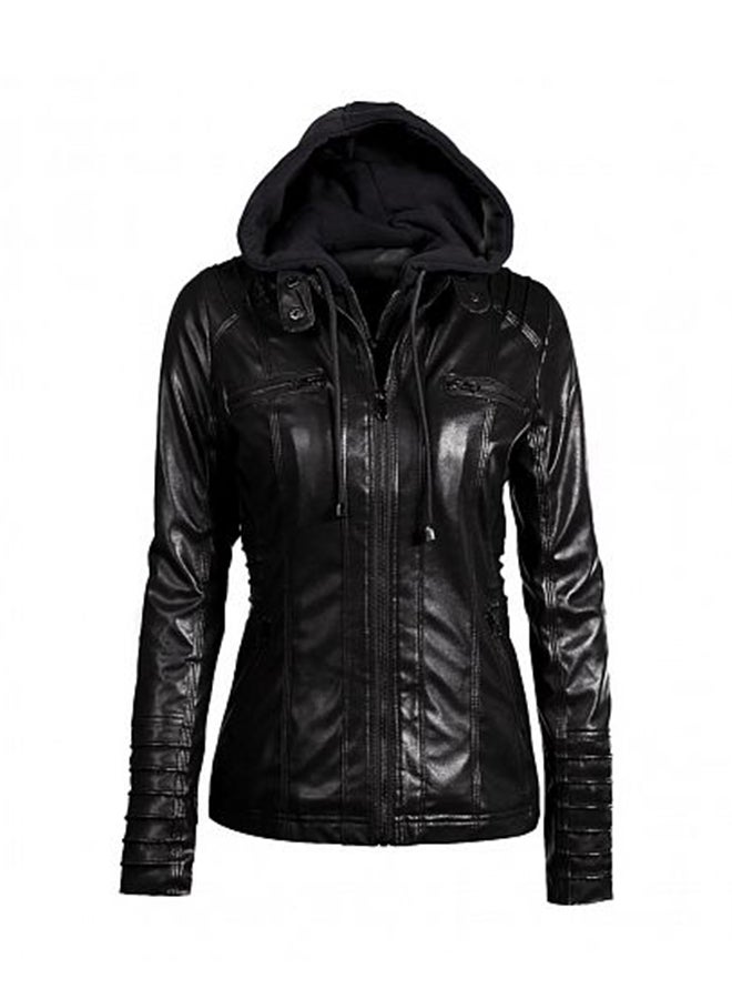 Motorcycle Leather Hooded Jacket Black  - Image 1