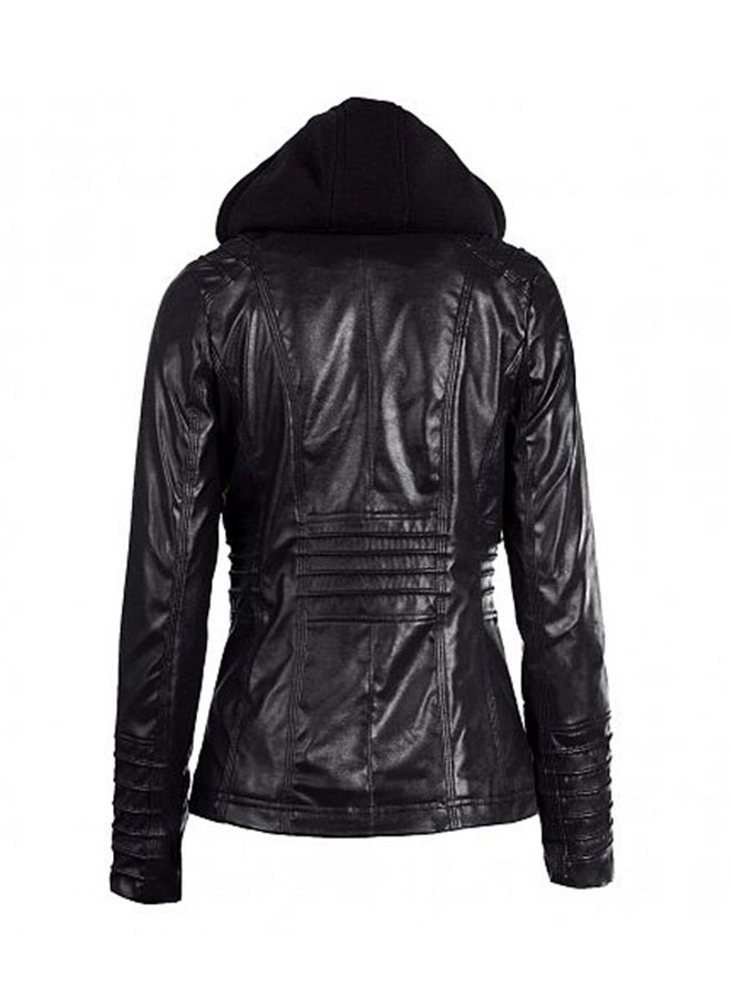Motorcycle Leather Hooded Jacket Black  - Image 2