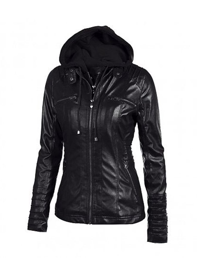 Motorcycle Leather Hooded Jacket Black  - Image 3