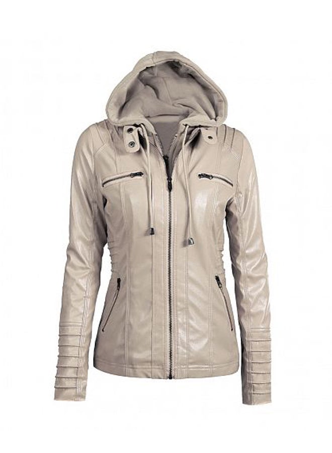 Motorcycle Leather Hooded Jacket Beige - Image 1
