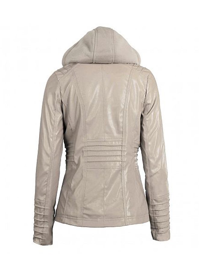 Motorcycle Leather Hooded Jacket Beige - Image 2