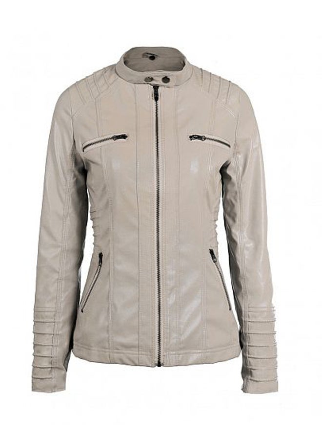 Motorcycle Leather Hooded Jacket Beige - Image 3