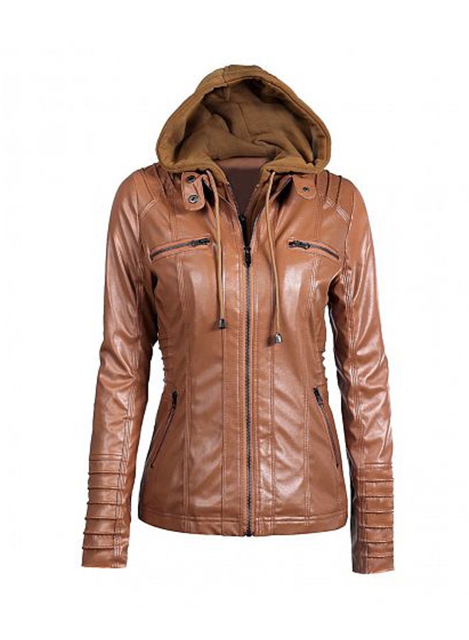 Motorcycle Leather Hooded Jacket Brown  - Image 1