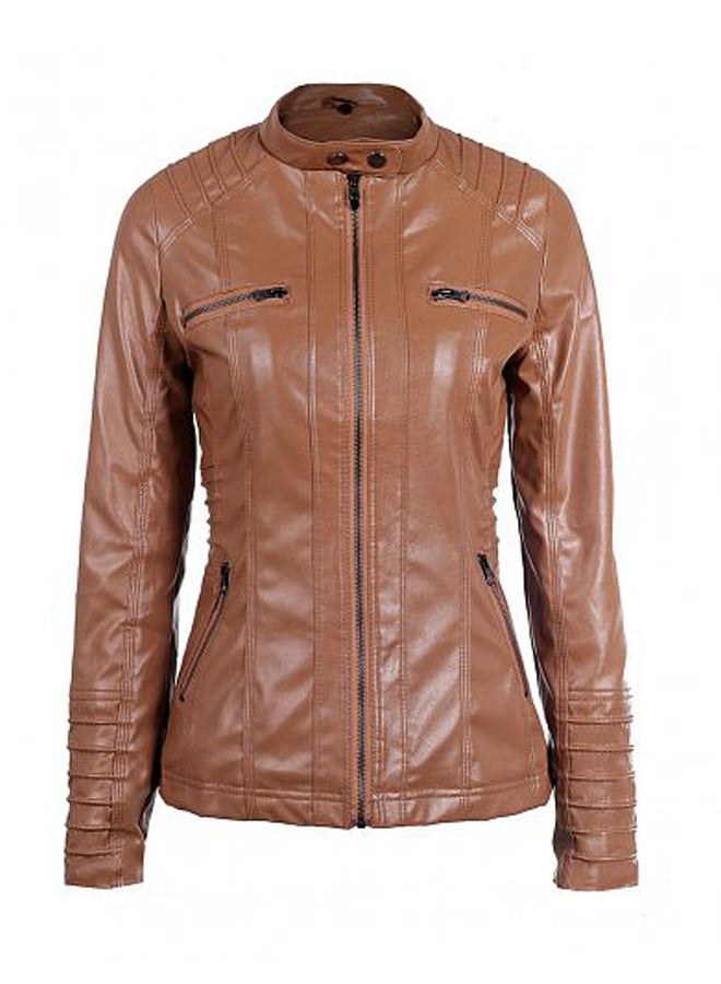 Motorcycle Leather Hooded Jacket Brown  - Image 3
