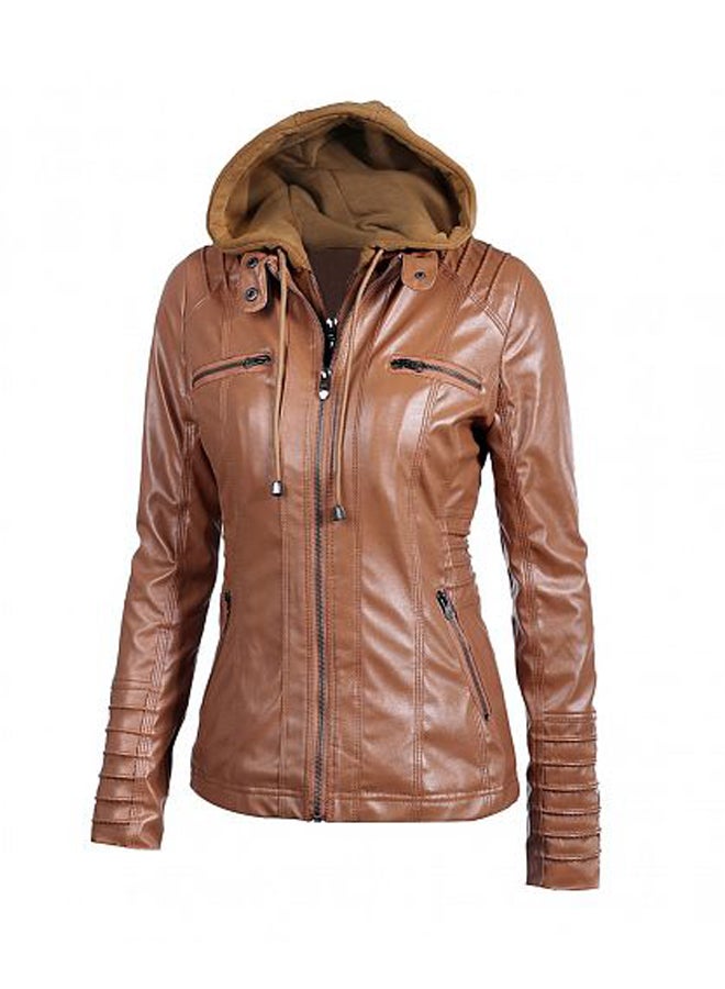 Motorcycle Leather Hooded Jacket Brown  - Image 2
