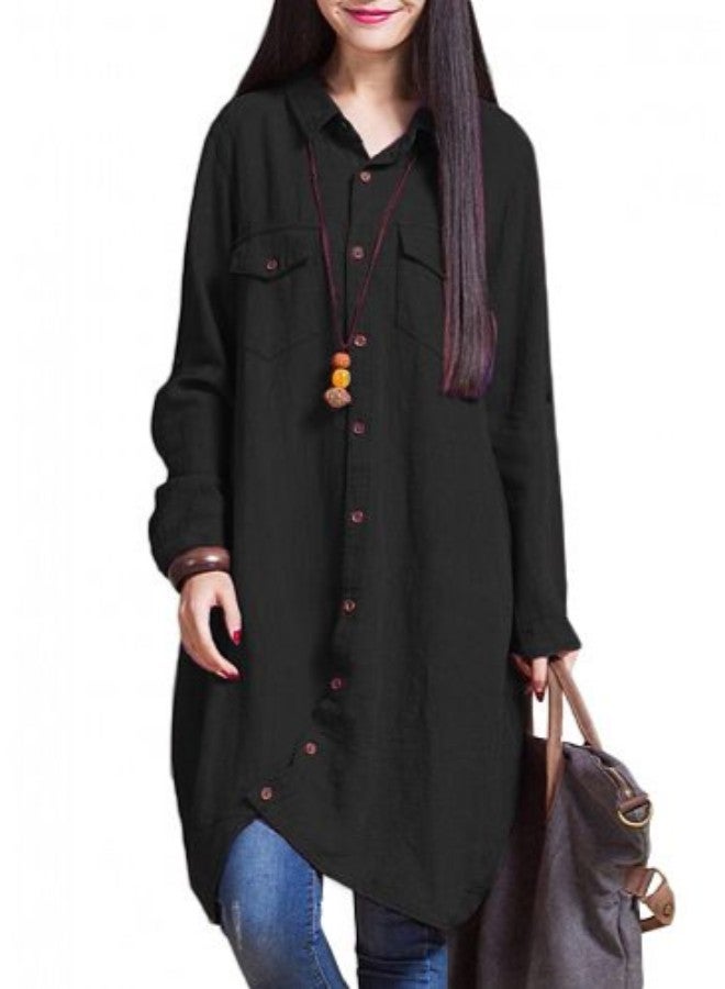 Irregular Hem Long Sleeve Vintage Blouse Top Black - Image 3