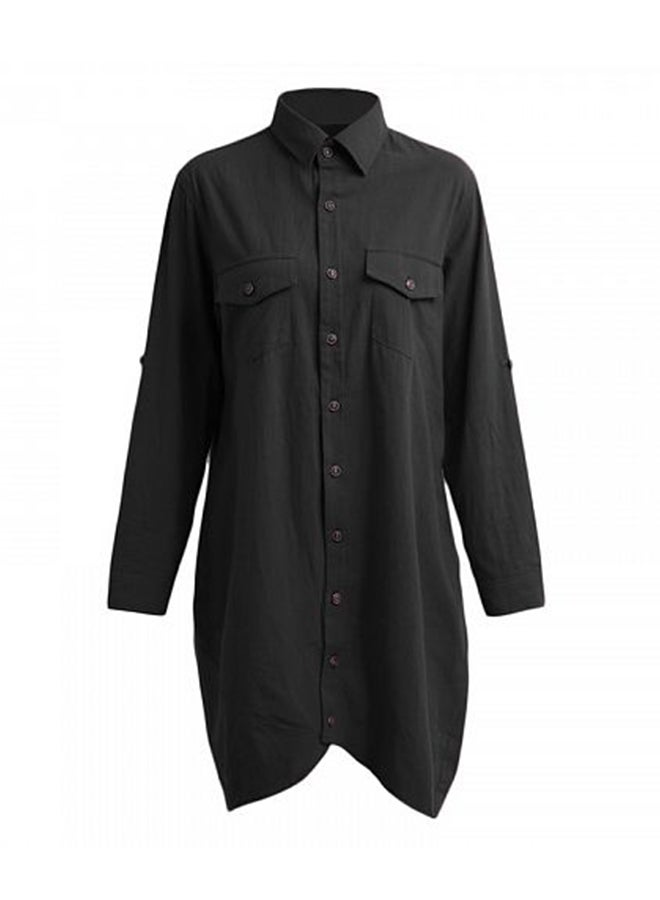 Irregular Hem Long Sleeve Vintage Blouse Top Black - Image 1
