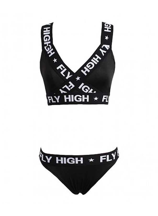 Letter Print Backless Bra And Panty Set Black  - Image 1