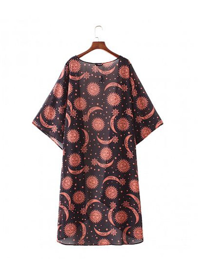 Kimono Print Asymmetric Hem Loose Bikini Cover Up Red - Image 2