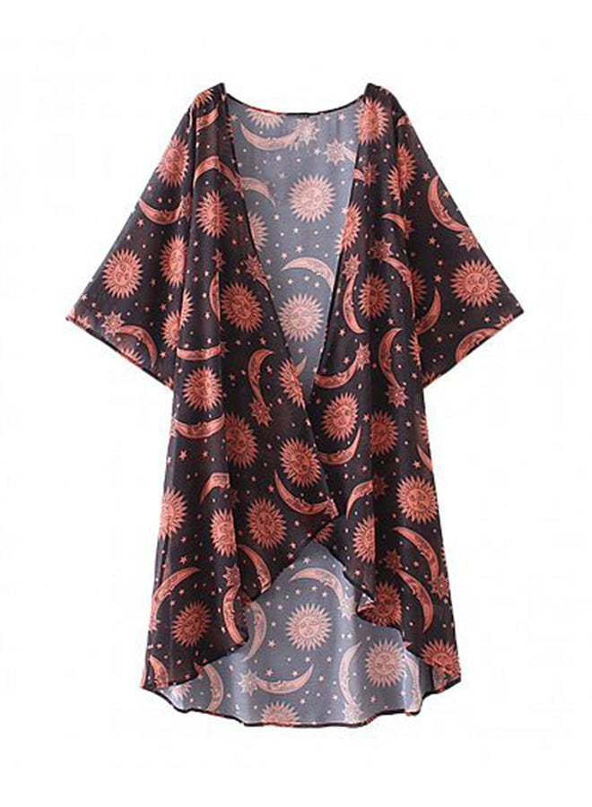 Kimono Print Asymmetric Hem Loose Bikini Cover Up Red - Image 1