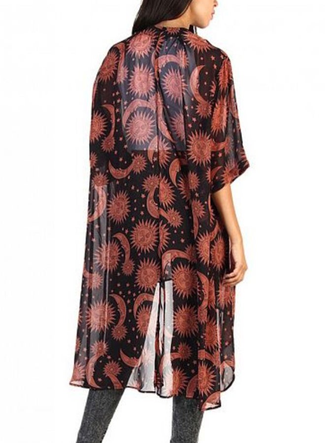 Kimono Print Asymmetric Hem Loose Bikini Cover Up Red - Image 5