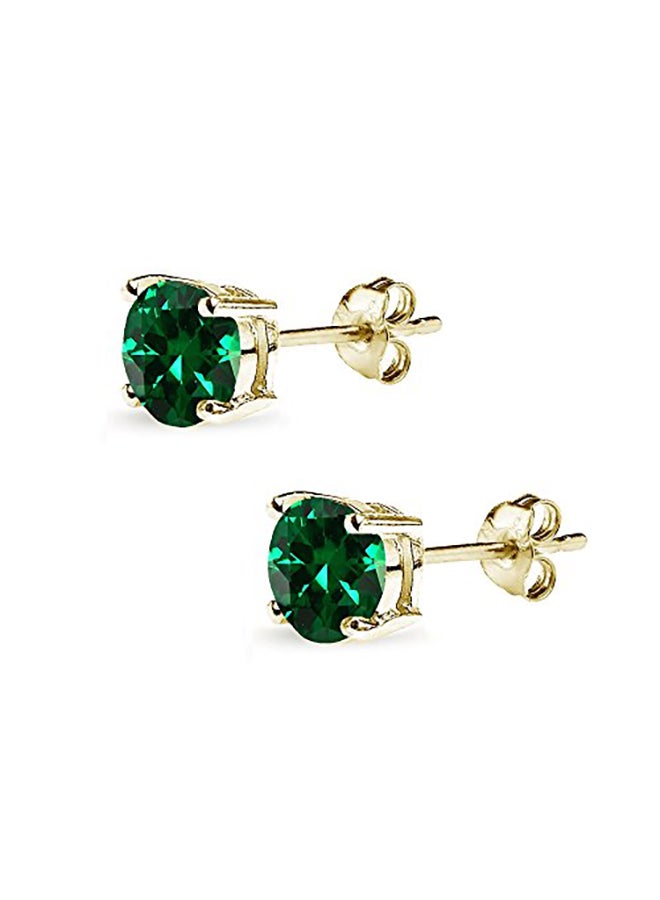 Yellow Gold Flashed Sterling Silver Simulated Emerald Stud Earrings - Image 2