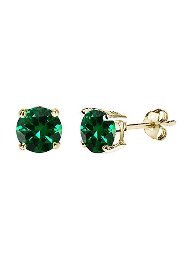 Yellow Gold Flashed Sterling Silver Simulated Emerald Stud Earrings - Image 1