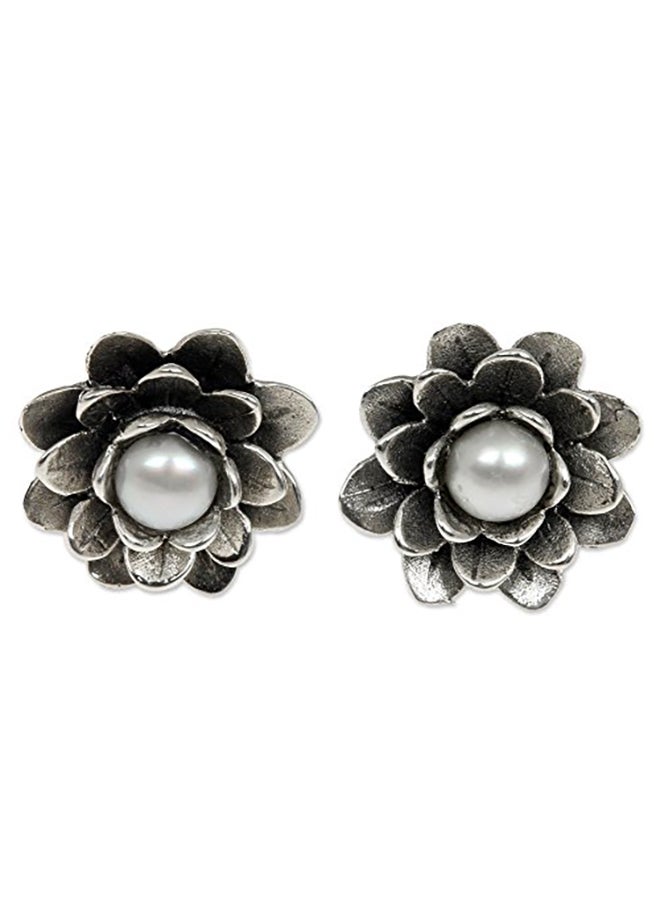 NOVICA Sterling Silver Freshwater Pearl Lotus Flower Bridal Earrings  - Image 2