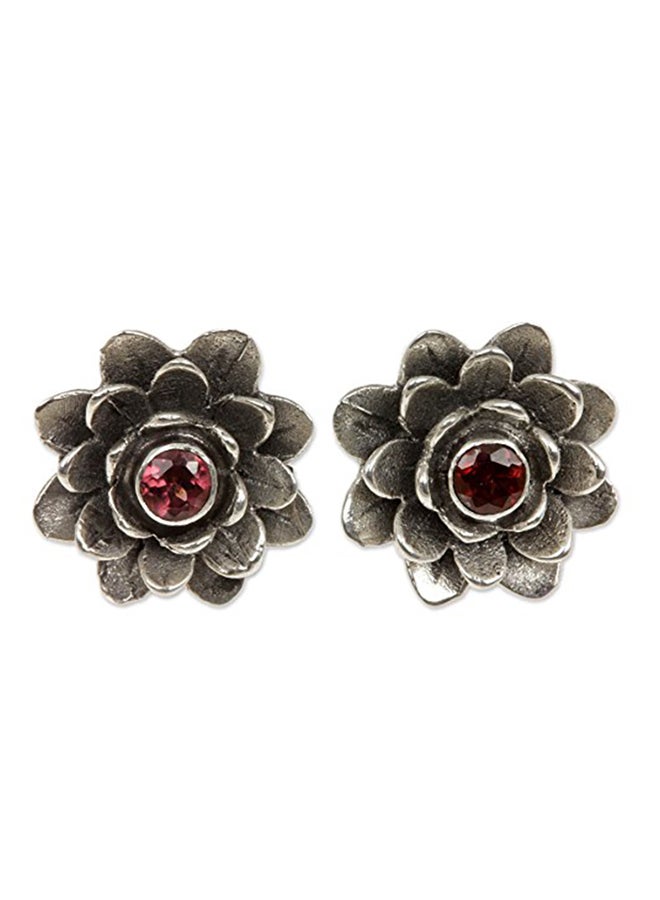 NOVICA 925 Sterling Silver Garnet Flower Button Stud Earrings  - Image 1