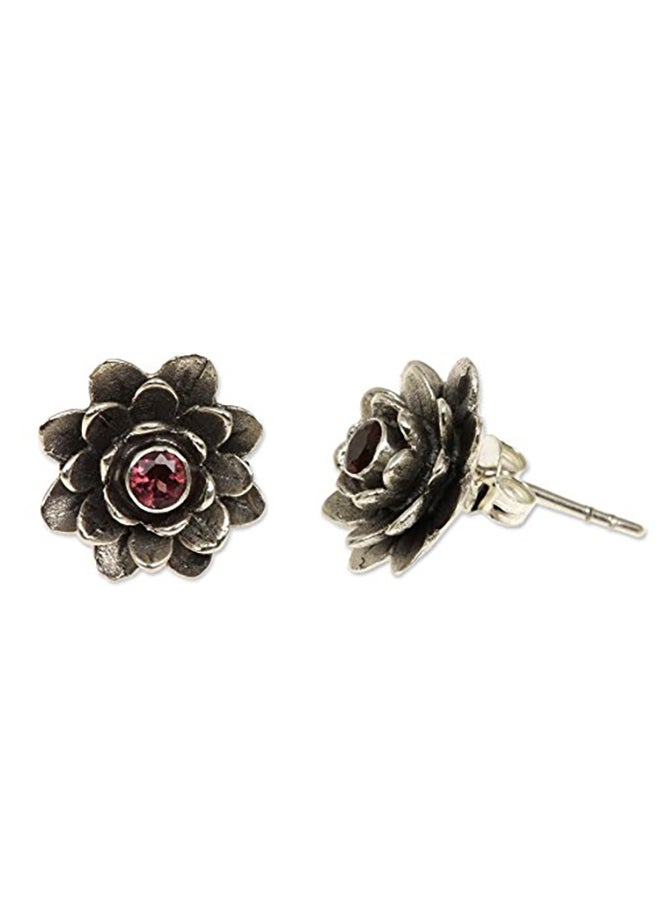 NOVICA 925 Sterling Silver Garnet Flower Button Stud Earrings  - Image 3