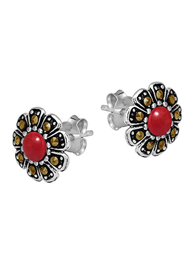 AeraVida 925 Sterling Silver Red Coral And Marcasite Style Earrings  - Image 1