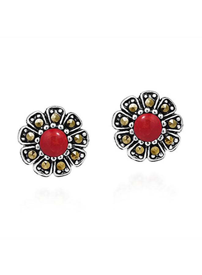 AeraVida 925 Sterling Silver Red Coral And Marcasite Style Earrings  - Image 2