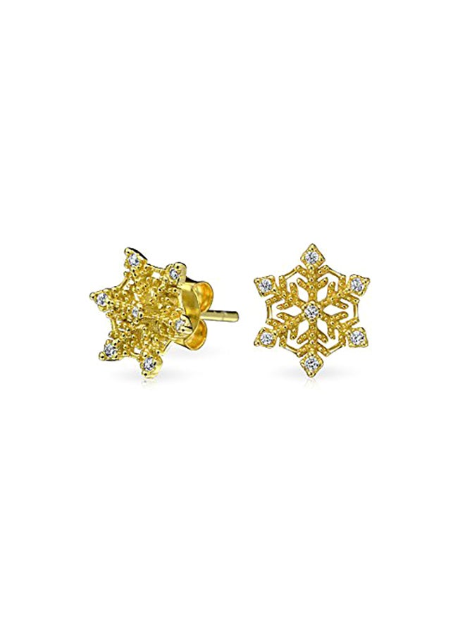 BLING JEWELRY 925 Sterling Silver Gold Plated Snowflake Stud Earrings - Image 2