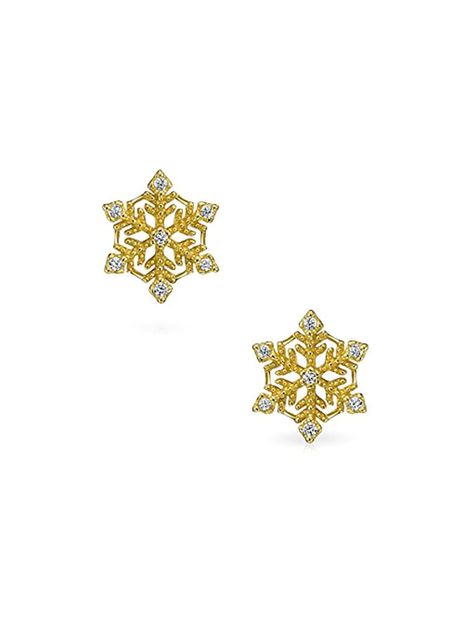 BLING JEWELRY 925 Sterling Silver Gold Plated Snowflake Stud Earrings - Image 3