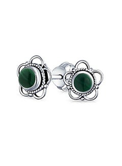 BLING JEWELRY Small Round Bali Style Open Flower Forest Green Malachite Stone Stud Earrings Oxidized 925 Sterling Silver 8mm  - Image 1