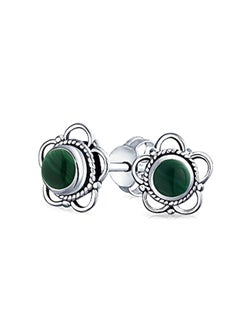 BLING JEWELRY Small Round Bali Style Open Flower Forest Green Malachite Stone Stud Earrings Oxidized 925 Sterling Silver 8mm  - Image 2