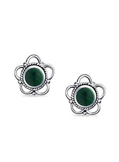 BLING JEWELRY Small Round Bali Style Open Flower Forest Green Malachite Stone Stud Earrings Oxidized 925 Sterling Silver 8mm  - Image 3