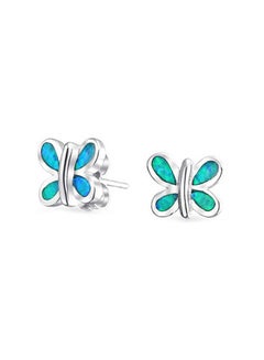 Butterfly Shape Inlay Blue Created Opal Stud Earrings Garden .925 Sterling Silver 9mm October Birthstone