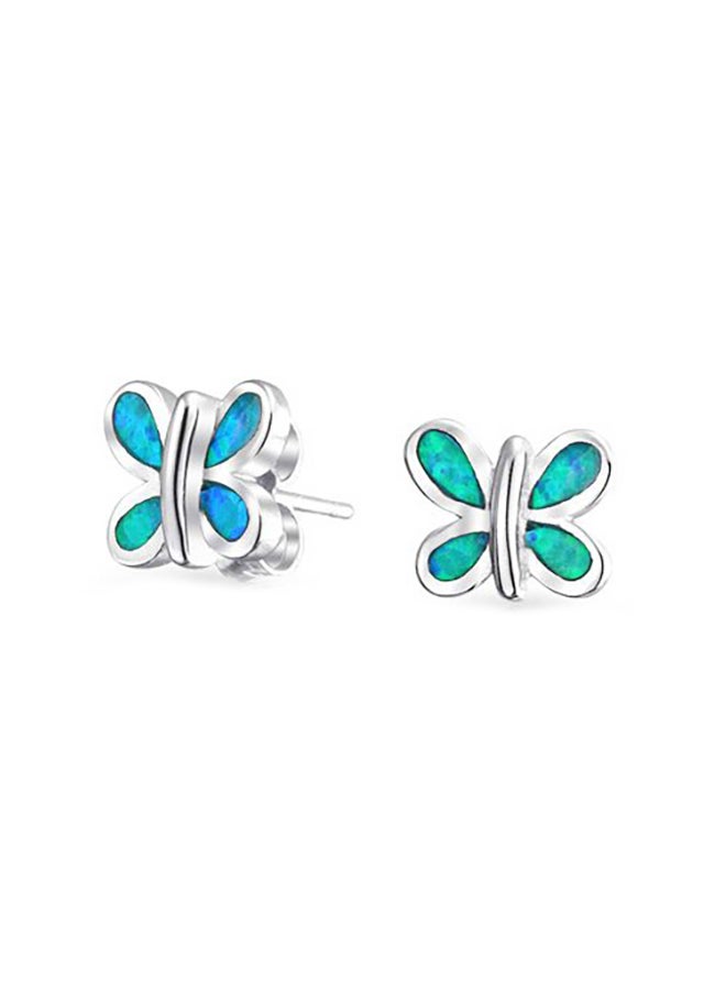 BLING JEWELRY - Butterfly Shape Inlay Blue Created Opal Stud Earrings Garden .925 Sterling Silver 9mm October Birthstone - Image 1