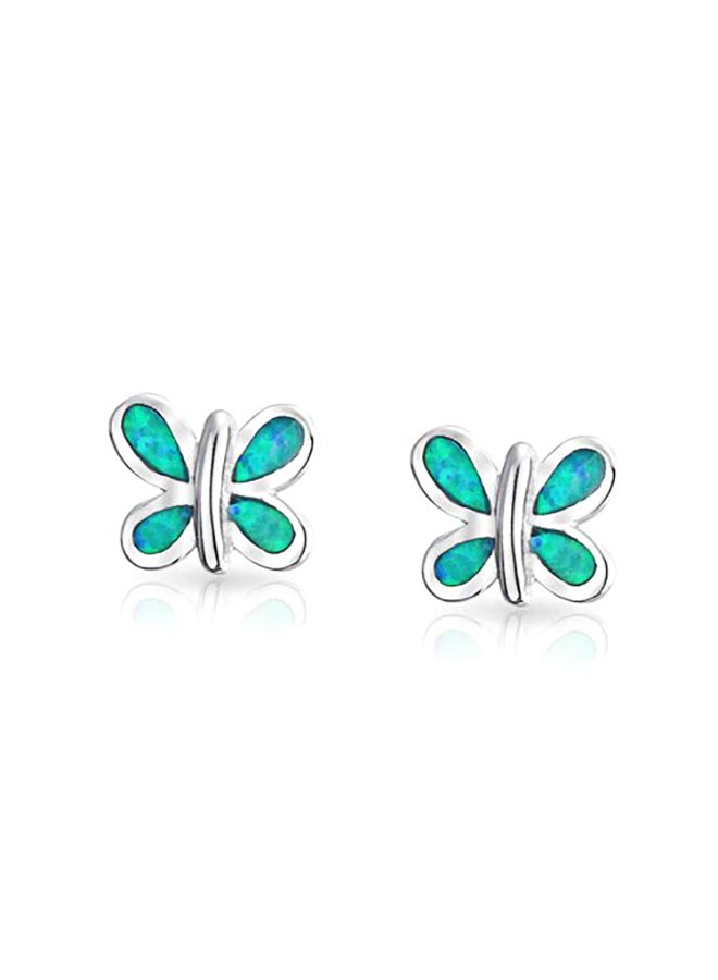 BLING JEWELRY - Butterfly Shape Inlay Blue Created Opal Stud Earrings Garden .925 Sterling Silver 9mm October Birthstone - Image 1