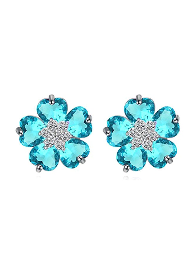 Crystalline Azuria Flowers Stud Earrings with Blue Simulated Aquamarine Zirconia Crystals18 ct White Gold Plated for Women  - Image 2