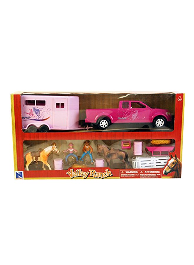 New-Ray - 1/18 Pink Dually Pickup Truck with Horse Trailer, Horse & Riders - Image 1
