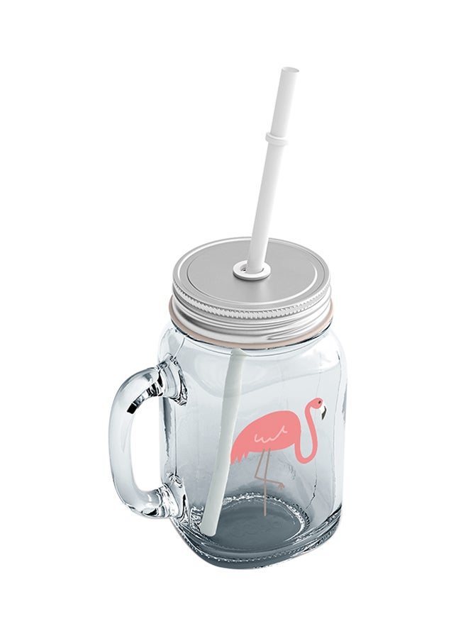 Glass Pink Flamingo Mason Jar With Straws Clear 15cm