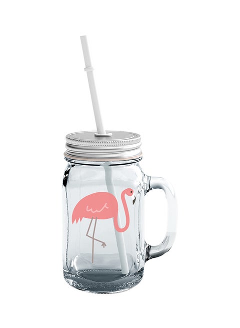 Glass Pink Flamingo Mason Jar With Straws Clear 15cm