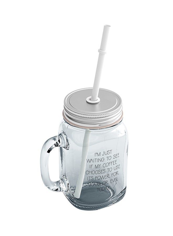 لاود يونيفيرس مج ماسون زجاجي على شكل مرطبان بنمط يحمل اقتباساً مضحكاً عن القهوة Coffee Powers Good Or Evel ومزود بماصة شفاف - Image 2