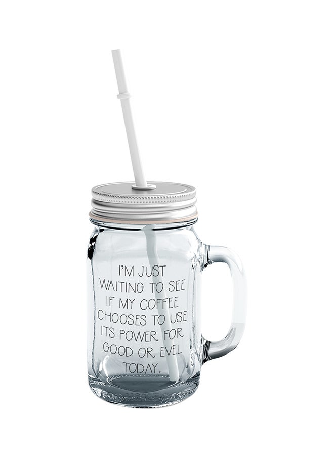 لاود يونيفيرس مج ماسون زجاجي على شكل مرطبان بنمط يحمل اقتباساً مضحكاً عن القهوة Coffee Powers Good Or Evel ومزود بماصة شفاف - Image 1