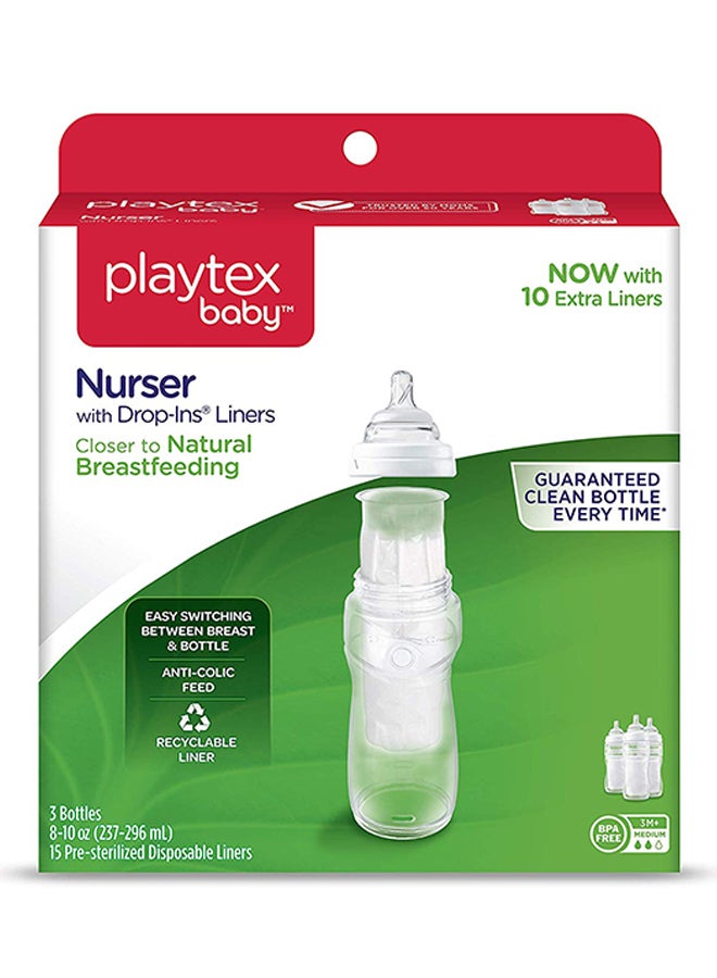 playtex - 3-Pieced  Baby Nurser Bottle With 15-Piece Disposable Drop-Ins Liners 8oz - Image 1