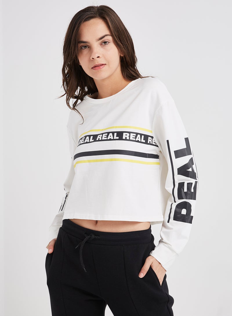 ZERESOUQ - Letter Printed Crop Sweatshirt White/Yellow/Black - Image 1