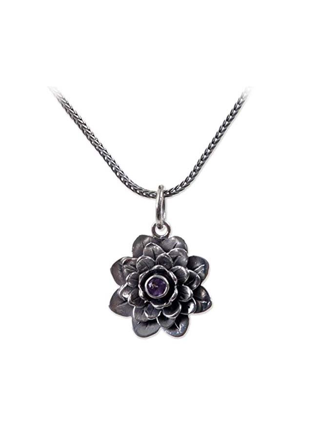 NOVICA 925 Sterling Silver 0.09 Ct Amethyst Studded Flower Pendant Necklace  - Image 1