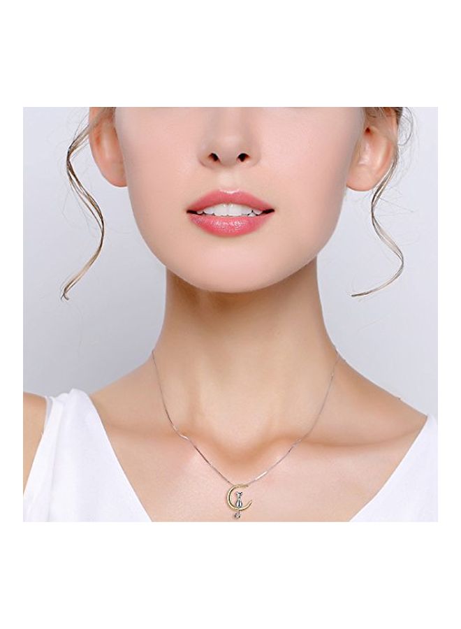EVER FAITH - 925 Sterling Silver Cat Sitting On Crescent Moon Pendant Necklace - Image 1