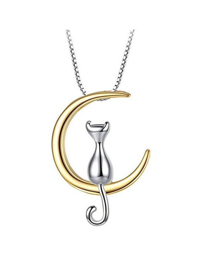 EVER FAITH - 925 Sterling Silver Cat Sitting On Crescent Moon Pendant Necklace - Image 1