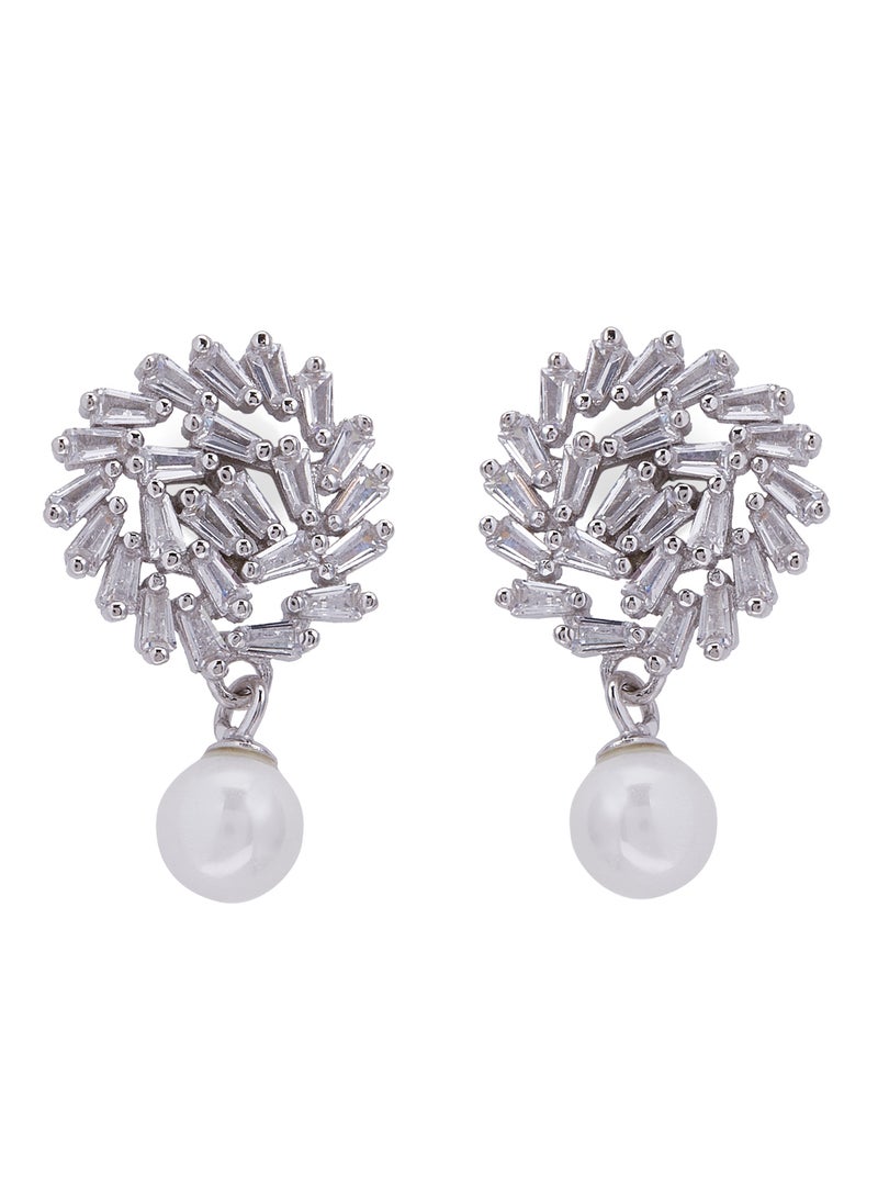 AK Jewels - Silver 925 Floral Banguette With Pearl Dangle Earrings - Image 1