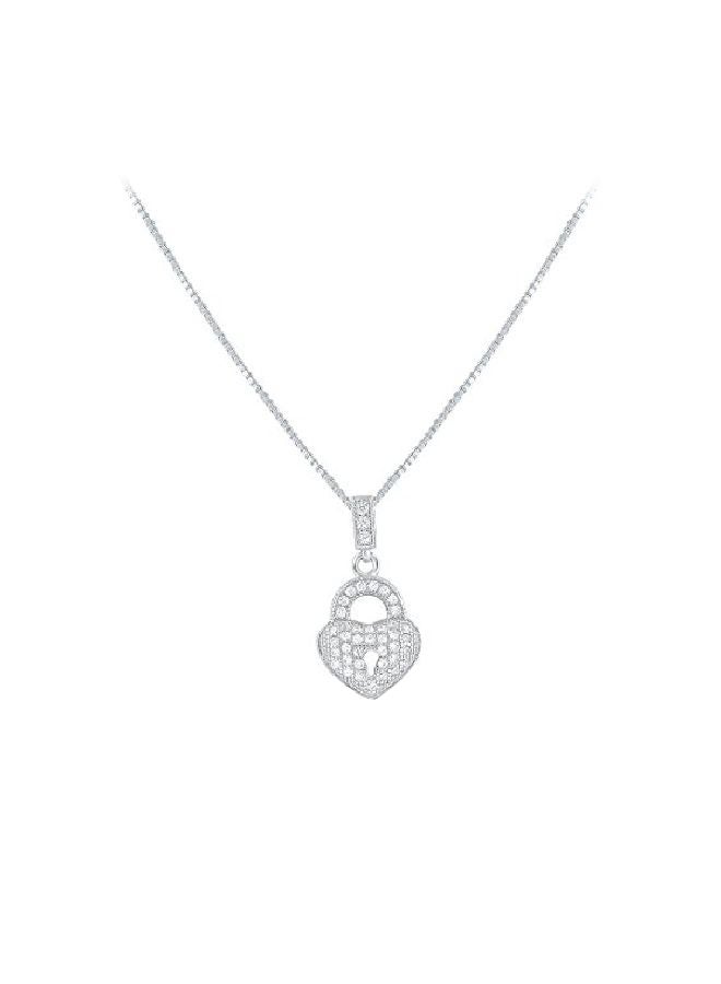 SilverCloseOut 925 Sterling Silver Rhodium Plated Cubic Zirconia Studded Heart Lock Pendant Necklace - Image 1