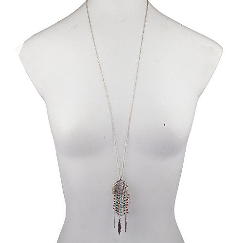 Lux Accessories - Brass  Tribal Beaded Dreamcatcher Leaf Pendant Necklace - Image 1
