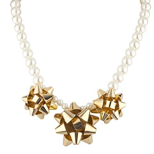 Lux Accessories - Brass  Pearl Present Tie Statement Bib Necklace - Image 1