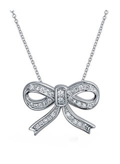 BLING JEWELRY 925 Sterling Silver Pave Ribbon Bow Pendant Necklace With Cubic Zirconia  - Image 1