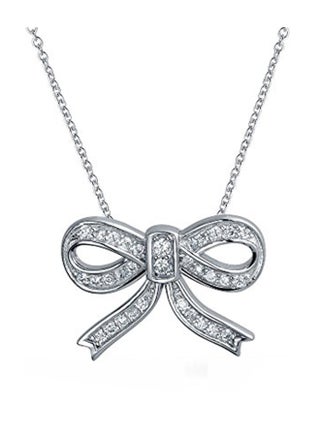 925 Sterling Silver Pave Ribbon Bow Pendant Necklace With Cubic Zirconia - v1552134555/N21636984A_1