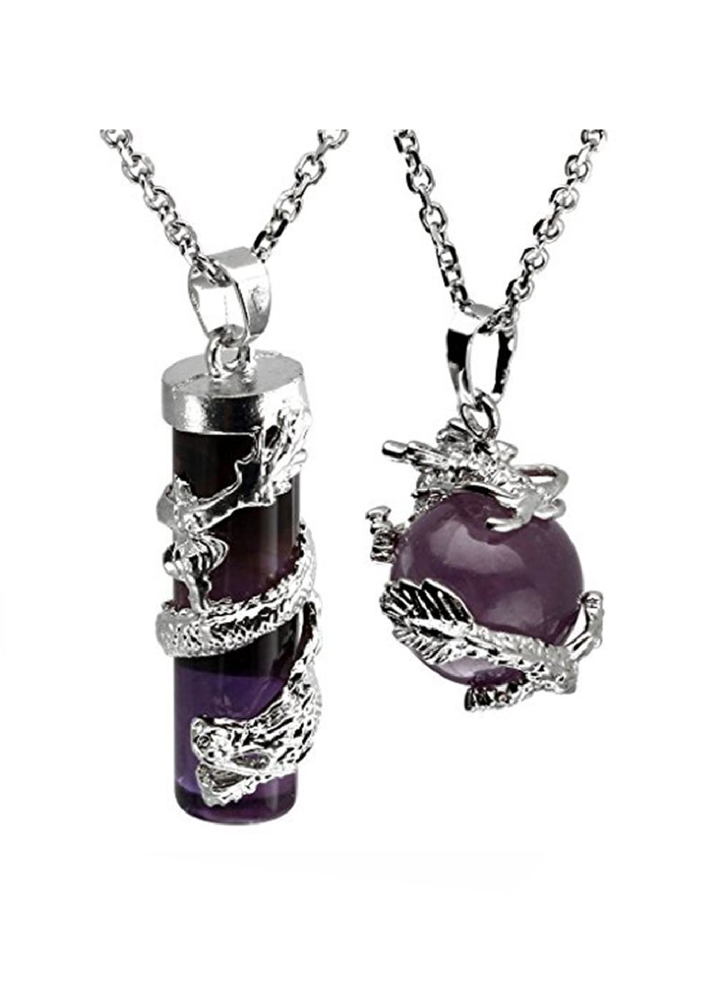 Jovivi 2-Piece Dragon Wrapped Natural Amethyst Round Ball Pendant Necklace  - Image 1