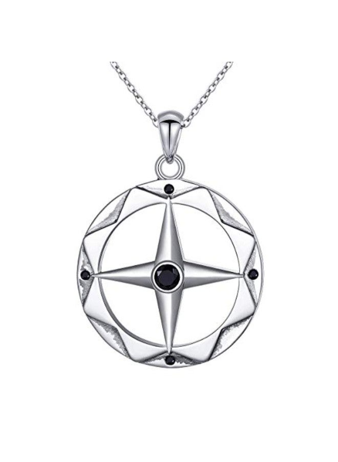 925 Sterling Silver ALPHM Detailed Large Compass Pendant Necklace